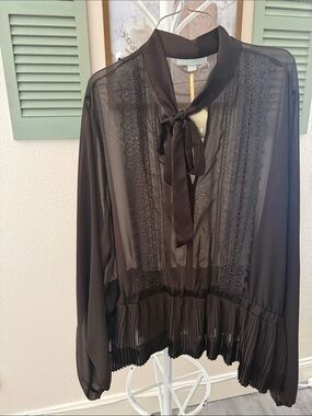 Ryegrass Sheer Brown Tie-Neck Blouse